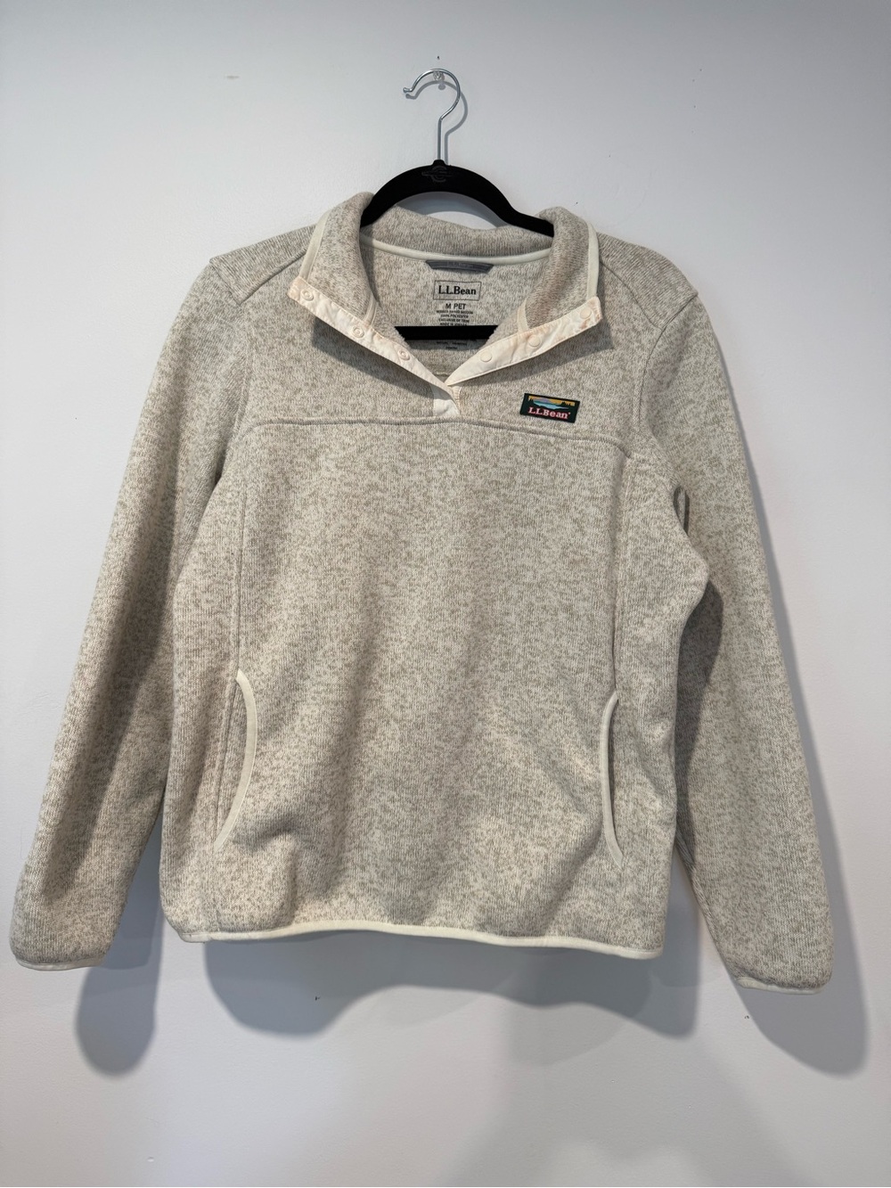 L.L.Bean Womens Medium Petite Sweater Fleece Snap-Front Pullover Oatmeal Heather